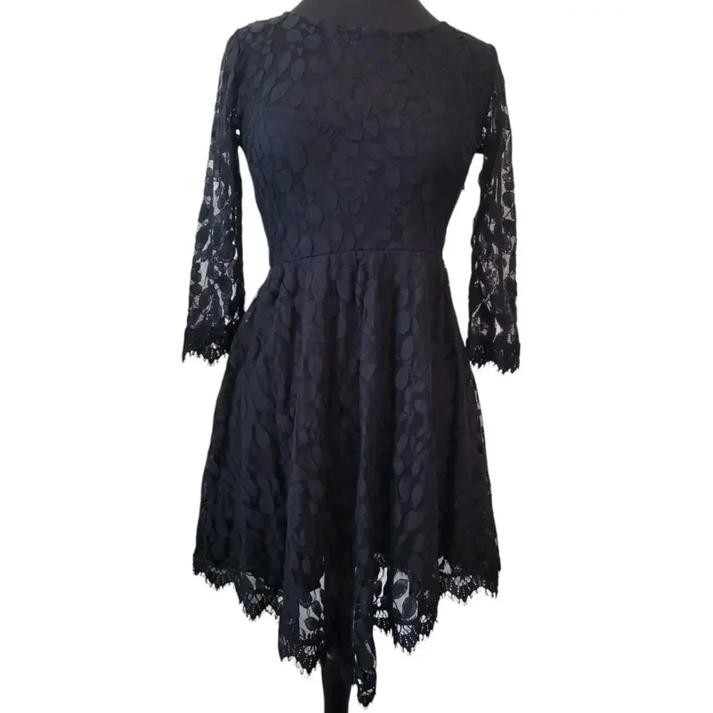Free People Asymmetrical Boho Black Lace Overlay Long Sleeve Mini Dress Small